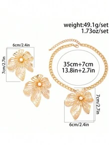 3pcs Gothic Exaggerated Flower Earrings, Necklace Jewelry Set, Gift For Women - Yellow Gold - View 3