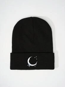 1 件刺绣月亮图案针织帽，春秋季旅行海滩休闲防晒帽，Y2K 风格青年冬季秋季帽子