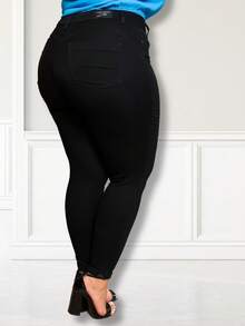 Women's Skinny Plus Size Basic Black Jeans High Waist Lifts Butt - Negro - Ver 2