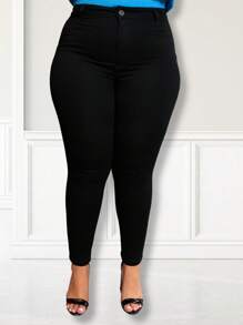 Women's Skinny Plus Size Basic Black Jeans High Waist Lifts Butt - Negro - Ver 1