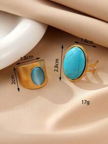 2pcs Stainless Steel Women's Golden Exaggerated Style Oil Pressure Blue Gemstone Ring Set, Suitable For Women To Wear Or Gift - Yellow Gold - View 3