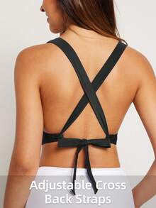 baleaf Áo ngực bơi nâng ngực cho nữ, áo bikini hở lưng, áo bơi đan chéo phía trước, áo tắm tích hợp áo ngực màu đen - màu đen - Xem 2