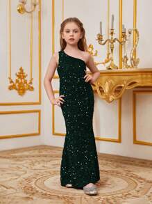 Tween Girl One Shoulder Backless Sequined Fishtail Skirt Party Dress - Dark Green - View 1