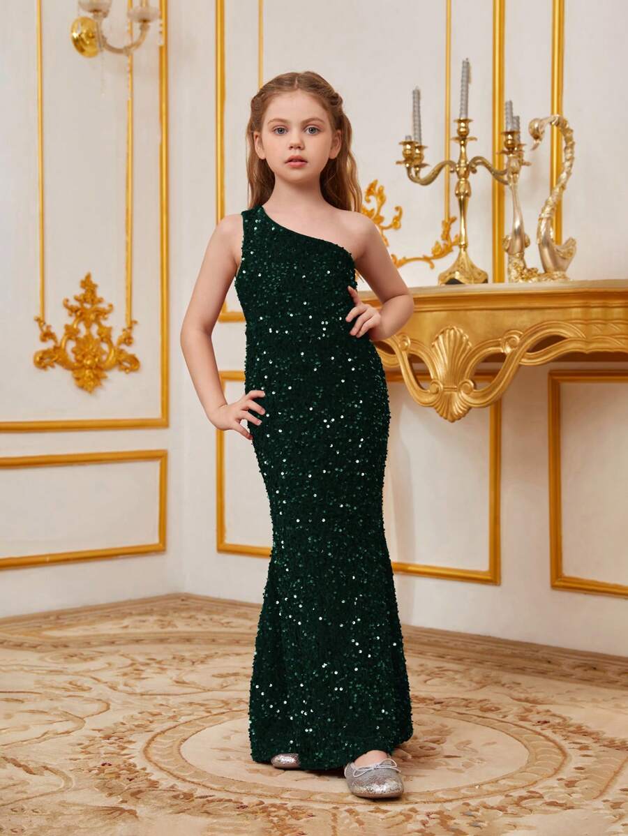 Tween Girl One Shoulder Backless Sequined Fishtail Skirt Party Dress - Dark Green - View 1