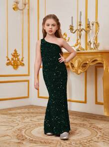 Tween Girl One Shoulder Backless Sequined Fishtail Skirt Party Dress - Dark Green - View 3