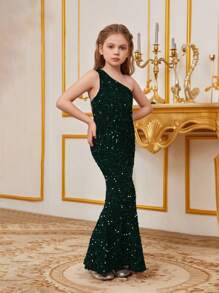 Tween Girl One Shoulder Backless Sequined Fishtail Skirt Party Dress - Dark Green - View 5