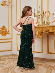 Tween Girl One Shoulder Backless Sequined Fishtail Skirt Party Dress - Dark Green - View 2