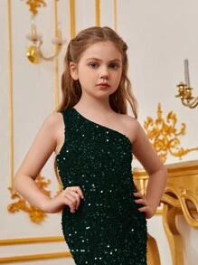 Tween Girl One Shoulder Backless Sequined Fishtail Skirt Party Dress - Dark Green - View 6
