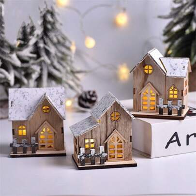 1pc-Cartoon Craft Cottage LED Light Christmas Gift Wooden House Luminous Cabin Home Christmas Ornaments Christmas,Decoration Light Up Chalet LED Wooden Christmas Small House Christmas Tabletop Decoration,Christmas Joy Xmas Decoration(Be Cautious When Purchasing Due To Contamination)