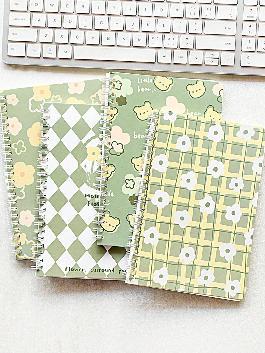 1 件 60 页 A5 可爱花卉图案螺旋笔记本，横线，加厚纸，随机设计 - 薄荷綠 - 查看 1