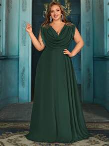 QOQ Elegant Women Plus Size Chiffon Applique Bridesmaid Wedding Guest Maxi Dresses Spring Summer Formal Flowy Prom Cocktail Party Gala Evening Gowns Fall - Dark Green - View 6