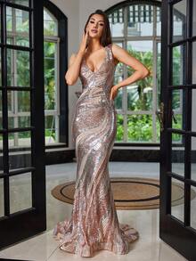 Gold V-Neck Sequin Maxi Evening Dress, Elegant Formal Prom Gown, For Wedding Guest, Graduation, Dinner - Gold - View 5