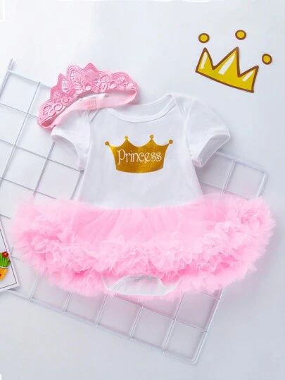 女婴节日生日派对套装（2件套），可爱短袖连体衣和皇冠发带套装，季节性服装