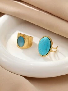 2pcs Stainless Steel Women's Golden Exaggerated Style Oil Pressure Blue Gemstone Ring Set, Suitable For Women To Wear Or Gift - Yellow Gold - View 2