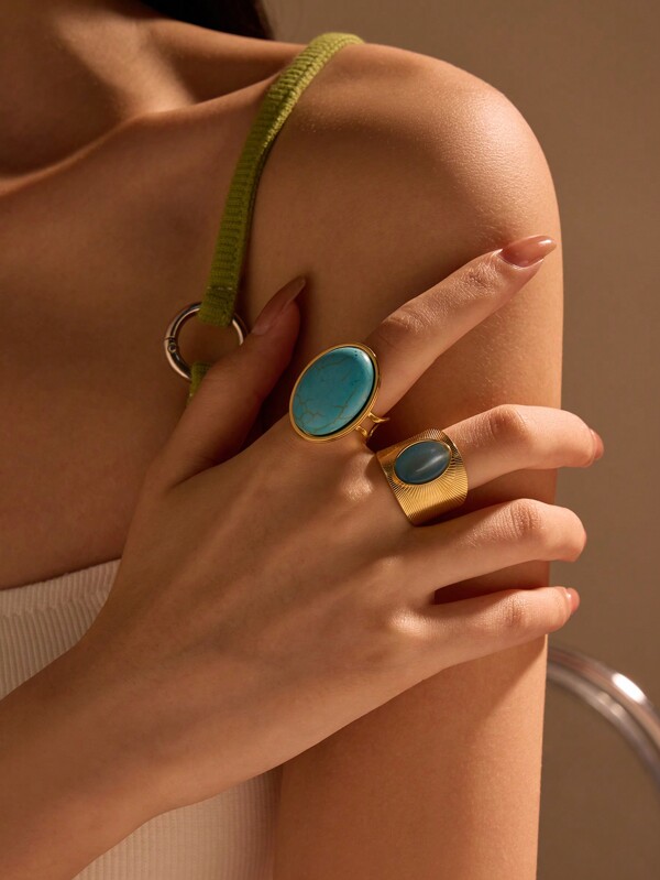 2 Peças Conjunto de Anéis Femininos de Aço Inoxidável Dourado com Estilo Exagerado, Pedra Azul, Adequado para Uso Feminino ou Presente