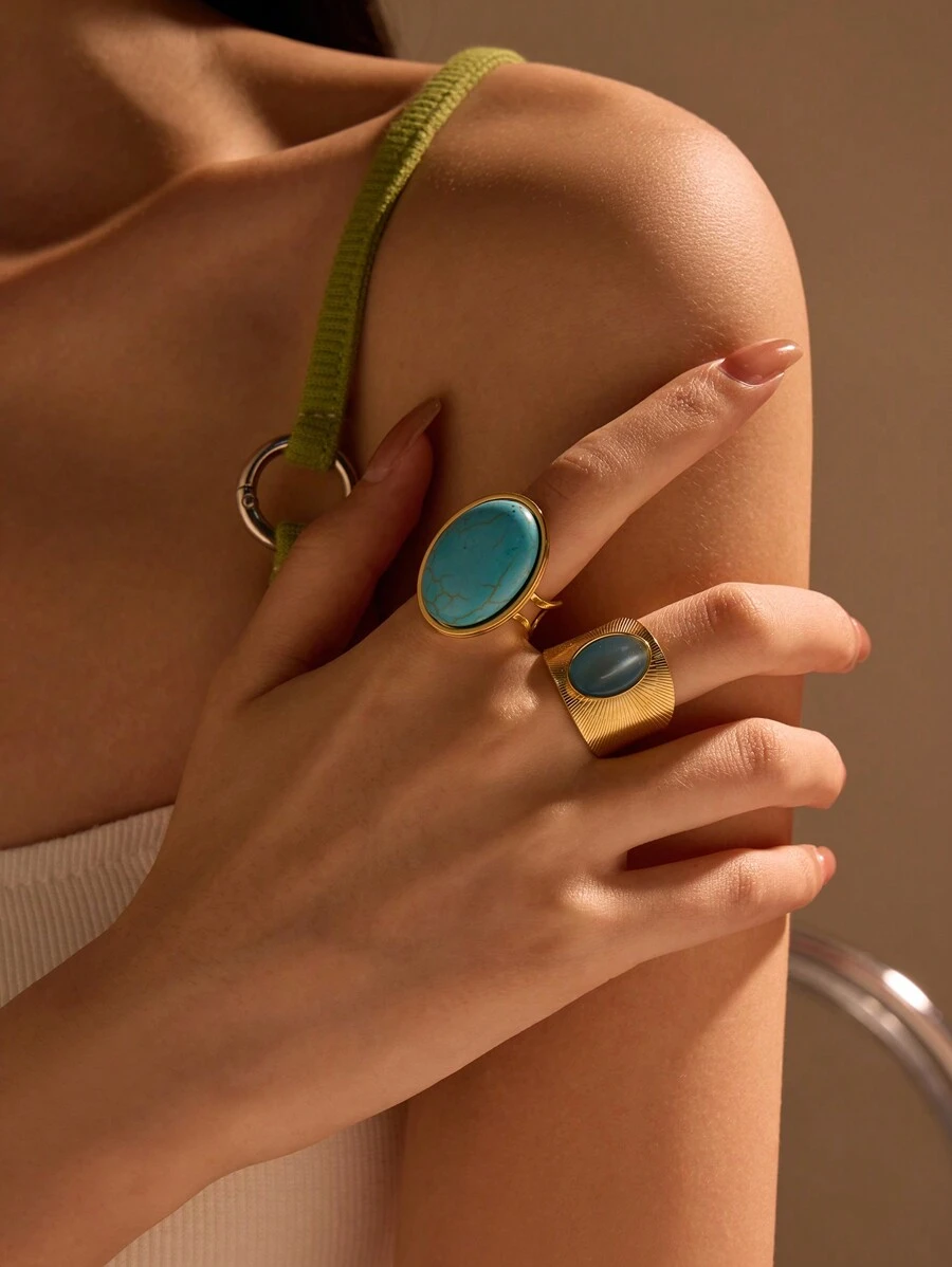 2pcs Stainless Steel Women's Golden Exaggerated Style Oil Pressure Blue Gemstone Ring Set, Suitable For Women To Wear Or Gift - Yellow Gold - View 1