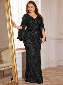 Elisanya Plus Size High-Quality Sequin Decor Fitted Dress, V-Neck Long Sleeve Slit Sleeve, Elegant & Glamorous For Formal Occasion, Mother's Dress (Heavy-Decor) Black Prom Evening Wedding Guest Dress, For Graduation, Dinner Party Dress,Gown - Black - View 6