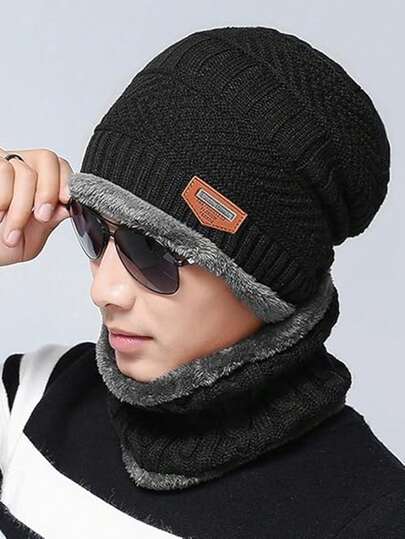 2 Stück Set Winterwarme gestrickte Wollmütze und dicker wollfutterter Schal, windundurchlässiges flauschiges Wintergeschenk