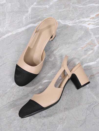 2025 新款方头拼色露边踝带经典法式设计大码女式凉鞋，老款风格，皮鞋，中跟，粗跟高跟鞋，时尚高跟鞋，复古法式优雅低跟小码鞋