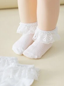 3 双女童蕾丝公主透气网眼装饰中筒袜，适合日常穿着和婚礼季节