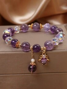 1pc Water-Drop, Flower, Clover And Butterfly Shaped Cubic Zirconia Decorated Money Bag Pendant Bracelet, Beaded Bracelet For Women Daily Wear Valentines,Mom,Mother,Mother's Day,Gift