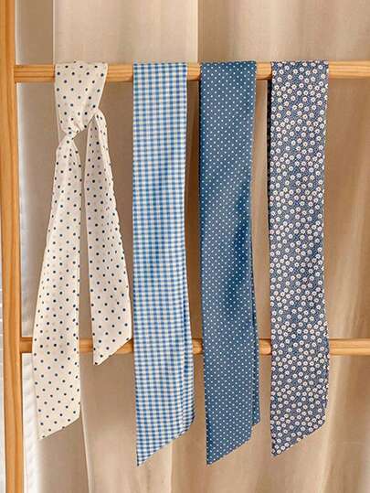 4条装女士花卉波点蓝白印花真丝围巾，优雅百搭发饰 - 适合日常、休闲、派对、通勤、度假等场合 - 可作发圈、发带、头巾、头巾，秋冬发带，女士头巾，柔软头巾，女士围巾