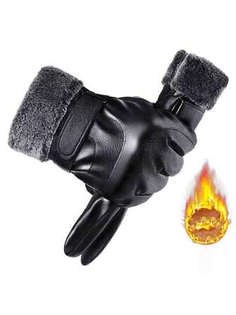 1 par de guantes de cuero de PU con forro térmico, de unicolor, para uso casual al aire libre. Opciones de colores versátiles y de moda, adecuados para ciclismo al aire libre, calle y uso diario, incluyendo guantes de nieve.