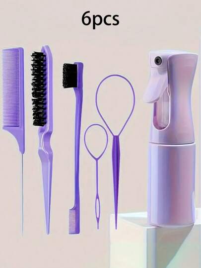 6件套梳子套装，包含发刷套装、发胶瓶、编发工具、尖尾梳、顺发梳和定型梳，适合女性化妆和发型设计。适用于理发店、美容院、旅行、返校季、度假旅行等场合。女士美发配件，包括：发刷、梳子、木梳、迷你发刷、顺发梳、卷发梳、美发设备、梳子、背梳、造型梳、卷发梳、定型梳、发梳、梳子套装、卷发梳、顺发梳、女士发刷、头发、旅行、美发产品、美发工具、美发用品、理发师、理发师配件、理发店、美发设备。
