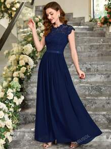 MIUSOL Floral Lace Bodice Cap Sleeve Chiffon Ribbon Waist Formal Party Dress
