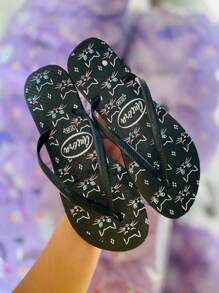 Kit 2 Pairs Flip Flop Sandals For Adult Women Flat Soft Beach Casual Printed Lightweight Comfortable Slim Day To Day And Summer Customized Launch - 黑與白 - 查看 3