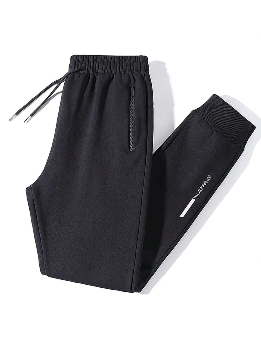 男士字母印花抽绳腰休闲运动裤 - 黑色 - 查看 1