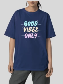 Blouse Oversized T-Shirt Print Good Vibes Only Fashion - 藏蓝色 - 查看 2