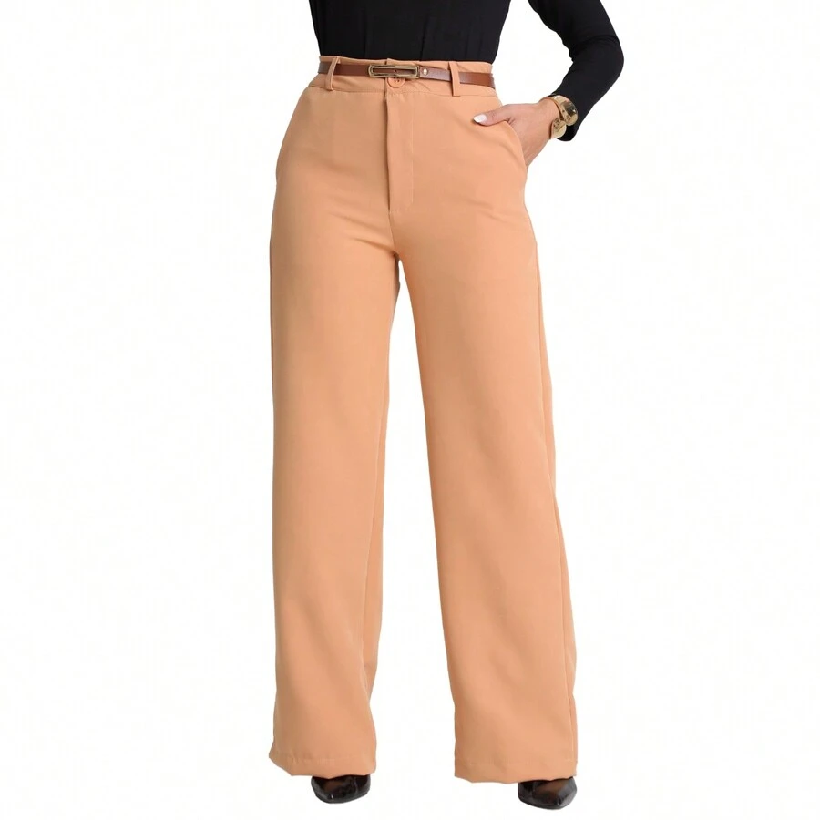 Women's Flare Tailoring Pants Wide Leg Belt High Waist - 鮭魚 - 查看 1