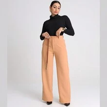 Women's Flare Tailoring Pants Wide Leg Belt High Waist - 鮭魚 - 查看 4