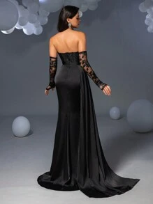 Elisanya Elegante vestido de noche con corpiño sin tirantes y abertura alta con guantes de ópera desmontables - Silueta favorecedora, drapeado asimétrico lateral para galas de alfombra roja, bodas de etiqueta negra, fiestas de aniversario de lujo, eventos benéficos formales