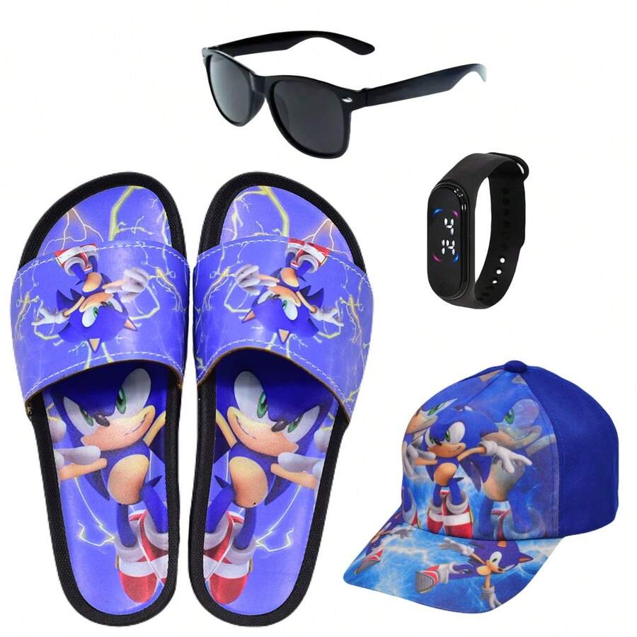 Children's Slide Slippers Men's Cartoon Boys Comfortable Lightweight Non-Slip + Glasses Watch Cap - Màu xanh lam - Xem 1