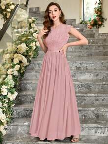 MIUSOL 花卉蕾丝短袖雪纺缎面收腰正式派对长裙，优雅女士派对礼服，舞会礼服，婚礼宾客礼服，毕业典礼礼服，晚礼服 - 淺粉色 - 查看 4