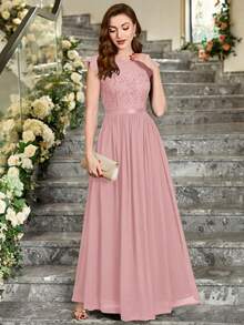 MIUSOL 花卉蕾丝短袖雪纺缎面收腰正式派对长裙，优雅女士派对礼服，舞会礼服，婚礼宾客礼服，毕业典礼礼服，晚礼服 - 淺粉色 - 查看 5