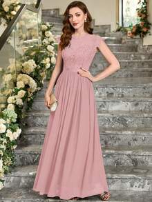 MIUSOL 花卉蕾丝短袖雪纺缎面收腰正式派对长裙，优雅女士派对礼服，舞会礼服，婚礼宾客礼服，毕业典礼礼服，晚礼服 - 淺粉色 - 查看 6