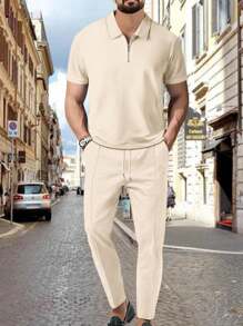 Nuevo conjunto de estilo novio de moda para hombre, camisa polo de unicolor con cuello vuelto, conjunto deportivo casual, ropa de hombre con estilo novio de patrón de cuadrícula wafer - Caqui - Ver 1