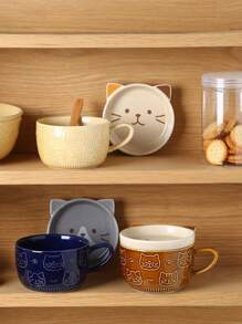 1 pieza Taza de cerámica adorable de gato navideño con tapa, taza de estudiante de dibujos animados de alta calidad para leche/avena para bebidas calientes o frías, regalo de cumpleaños/Navidad - Multicolor - Ver 8