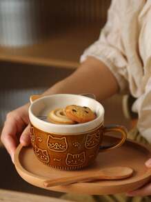 1 pieza Taza de cerámica adorable de gato navideño con tapa, taza de estudiante de dibujos animados de alta calidad para leche/avena para bebidas calientes o frías, regalo de cumpleaños/Navidad - Multicolor - Ver 4