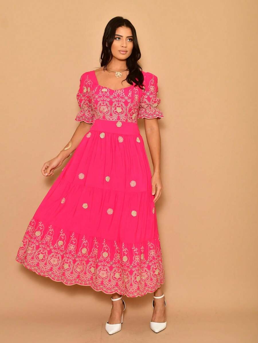 Lese 3D Embroidered Cotton Short Sleeve Midi Dress - 玫紅色 - 查看 1