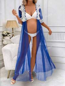Maternity Contrast Lace Sheer Mesh Front-Tie Sexy Dress