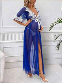 Maternity Contrast Lace Sheer Mesh Front-Tie Sexy Dress