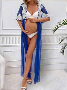 Maternity Contrast Lace Sheer Mesh Front-Tie Sexy Dress