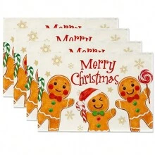 1pc/4pcs New Christmas Gingerbread Man Burlap Table Runner, Creative Linen Waterproof Tablecloth, Cartoon Printed Heat-Resistant Placemat, Restaurant Atmosphere Prop, Christmas Party Decoration, Home Kitchen Dining Table Decor, Indoor Outdoor Family Gathering Supplies.,Christmas - Multicolor - View 11