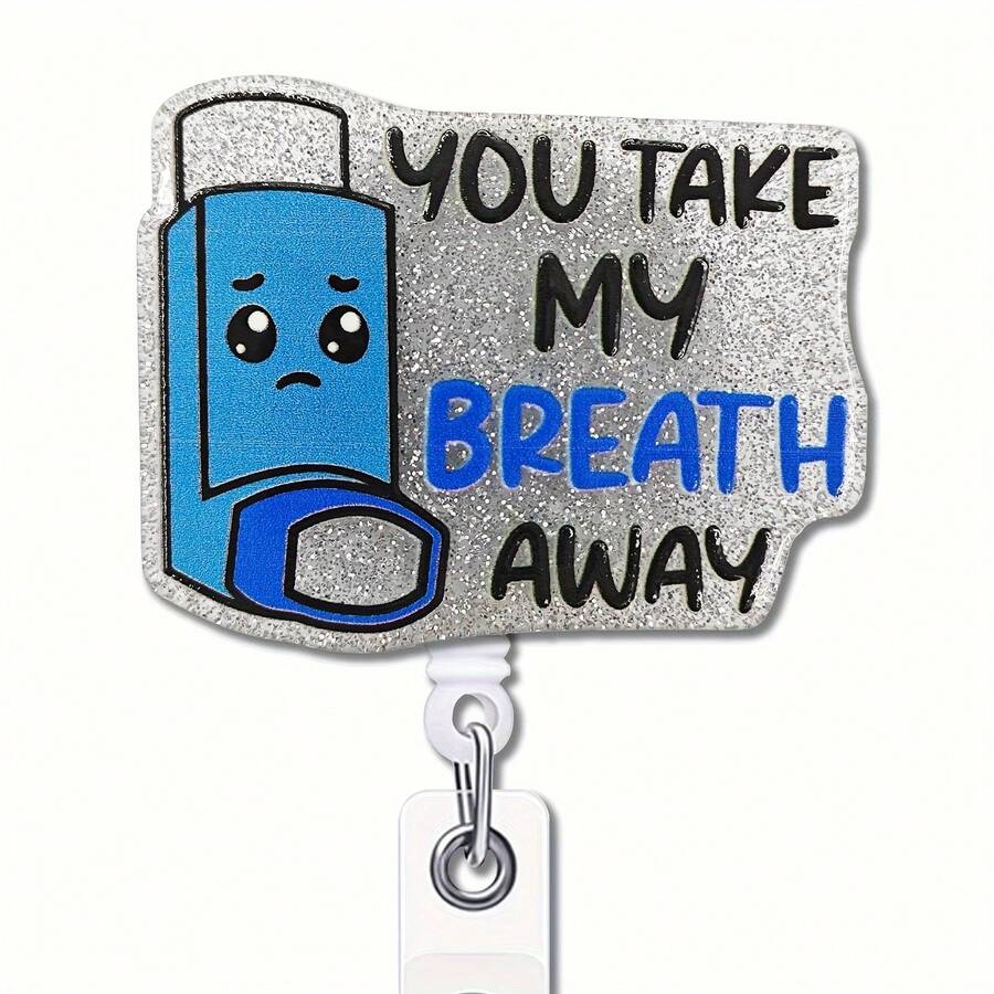 1pc Amusing Dyspnea Themed Retractable Badge Reel With Silver Glitter, Nurse Respirology Badge Holder With Alligator Clip, Gift For Nurse, Doctor, Student - Baby Blue - View 1