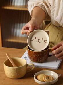 1 pieza Taza de cerámica adorable de gato navideño con tapa, taza de estudiante de dibujos animados de alta calidad para leche/avena para bebidas calientes o frías, regalo de cumpleaños/Navidad - Multicolor - Ver 13