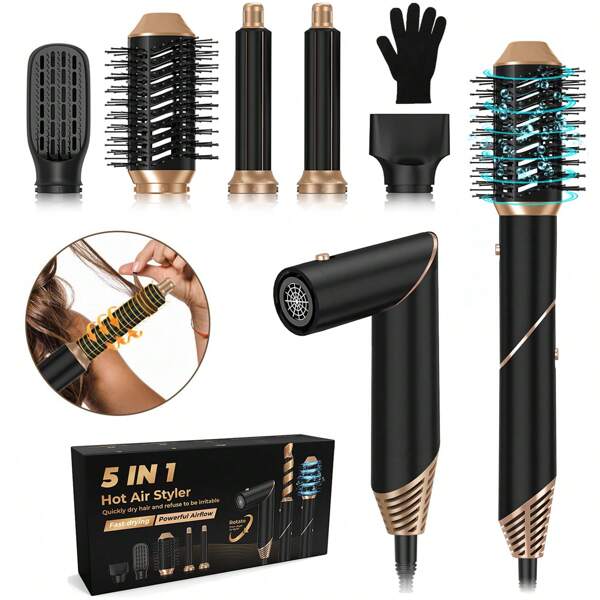 Set di accessori per acconciatura 5 in 1 pieghevole, asciugacapelli con spazzola, soffiatore ad aria calda ad alta velocità con ioni negativi, con testine intercambiabili per asciugare velocemente, arricciare, volumizzare e stirare i capelli